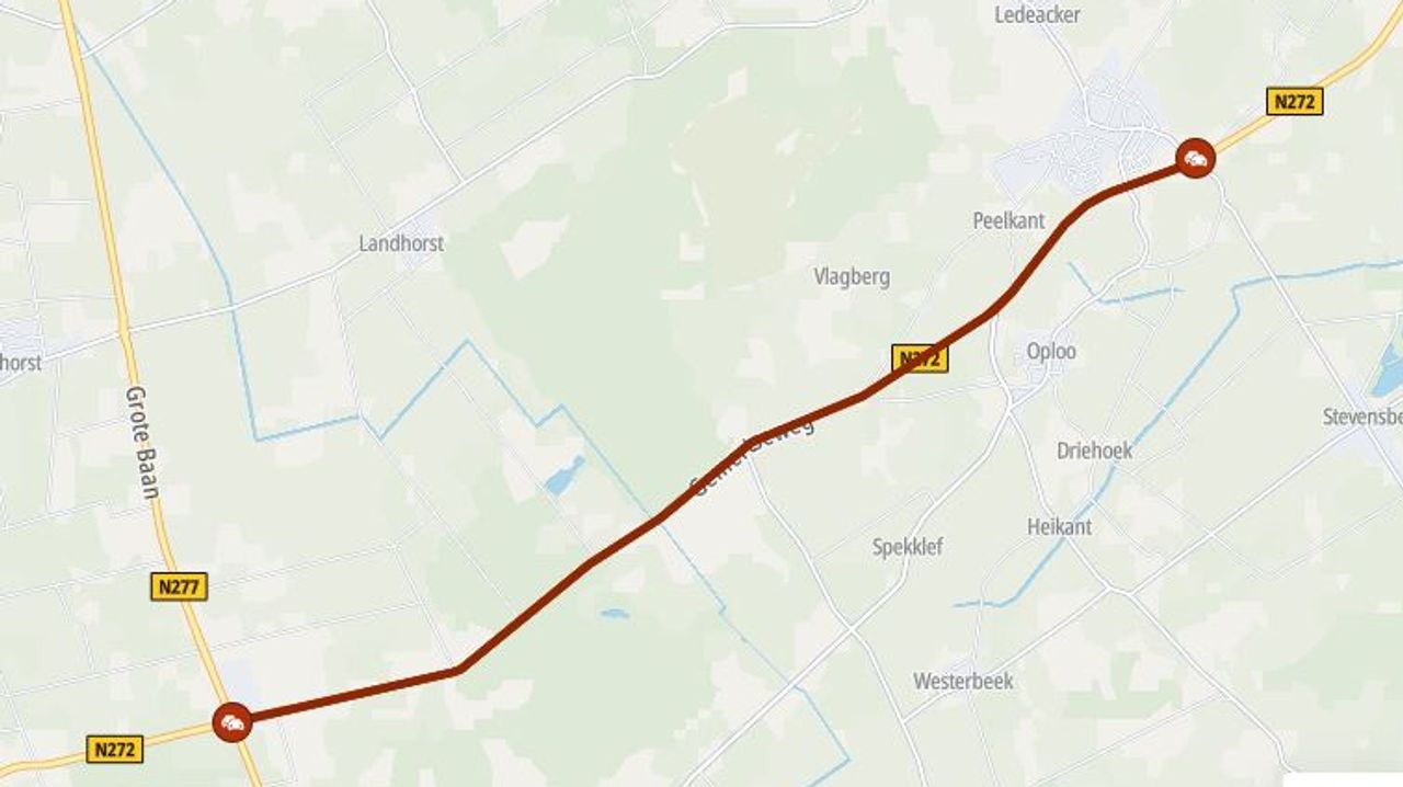 De N272 is tussen Elsendorp en Sint Anthonis afgesloten (Foto: ANWB).