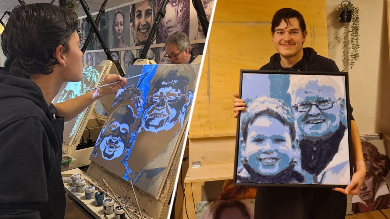 Sep tijdens het schilderen van zijn portret en het eindresultaat (foto: Megan Hanegraaf/ Vullow).