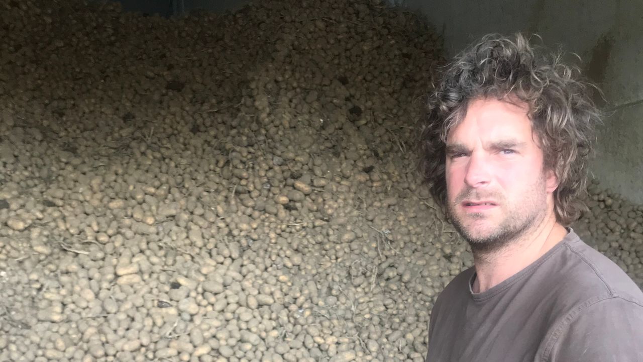 Erik van der Heijden bij zijn aardappelberg.