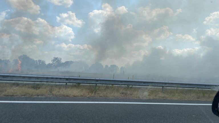 De bermbrand woedt langs de A50 bij Uden (foto: Omroep Brabant).