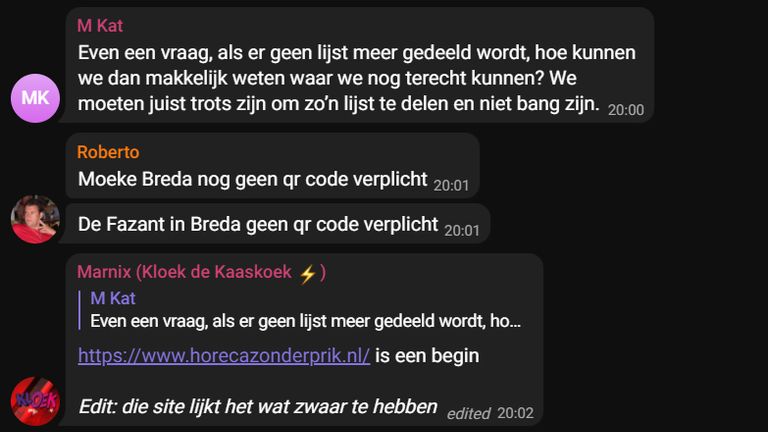 Screenshot uit de Telegram groep 'Vrije restaurants'.