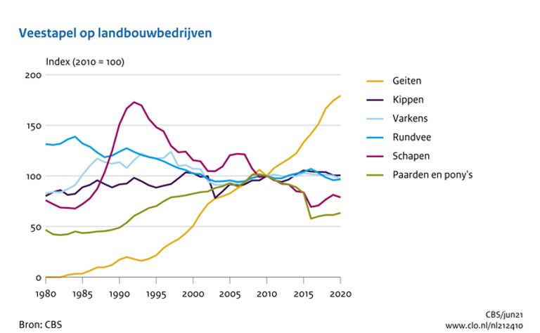 De hoeveelheid landbouwdieren in Nederland (bron: CBS)
