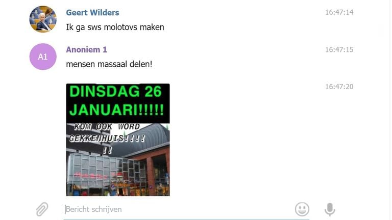 Screenshot uit een Telegram-groep in Bergen op Zoom, waarin wordt opgeroepen tot het plegen van geweld.