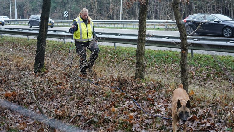 De politie zoekt met speurhonden in de berm van de A27 (foto: Jeroen Stuve/SQ Vision).