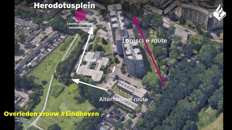 Mogelijke looproutes van de vrouw in de nacht van 9 op 10 februari (Foto: Politie Eindhoven)