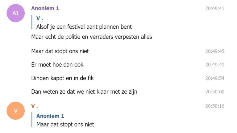 Screenshot uit een Telegram-groep in Bergen op Zoom, waarin wordt opgeroepen tot het plegen van geweld.