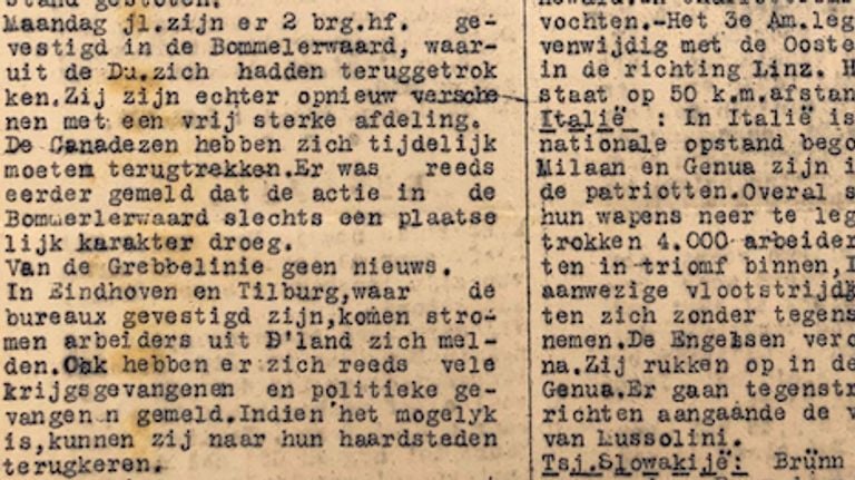 Fragment uit de krant van 27 april 1945 (Foto: Jan de Wit).