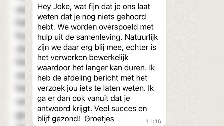 Het bericht dat Joke via Whatsapp ontving van de GGD.