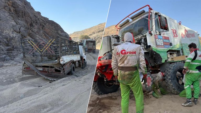 Ben de Groot kijkt naar zijn truck, links de wagen van de lokale