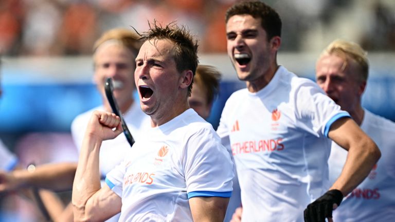 Floris Wortelboer viert zijn treffer tegen Spanje (foto: ANP 2024/.Loic Venance AFP).