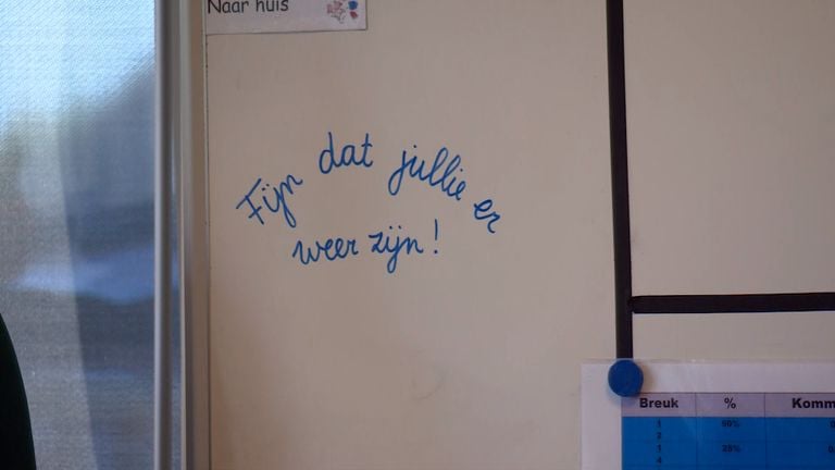 De kinderen worden welkom geheten in de klas van juf Sanne.