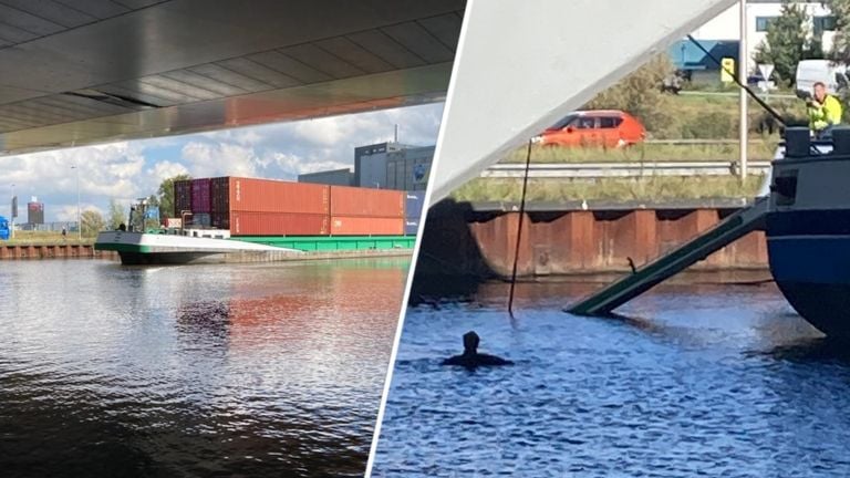 Duikers zoeken de kraan van het gestrande schip in de Zuid-Willemsvaart bij Veghel (foto's: Rijkswaterstaat).