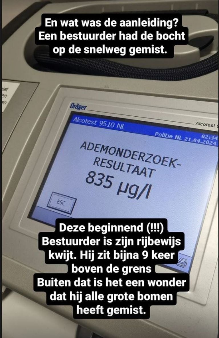 De beginnende automobilist had een alcoholpromillage van bijna 1,95 (foto: Instagram wijkagenten Etten-Leur).