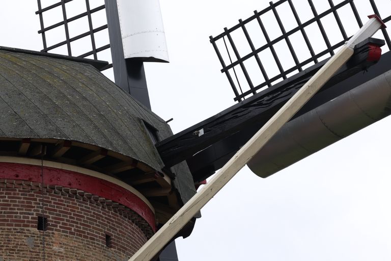 Tijdens harde windvlagen zag iemand de dakplaat van de molen in Schijndel omhoogkomen (foto: Sander van Gils/SQ Vision). 