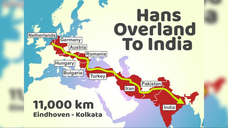 De route die Hans aflegt naar Kolkata.