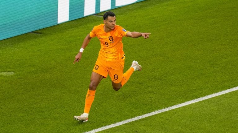 Cody Gakpo na zijn doelpunt voor het Nederlands elftal (Foto: ANP)