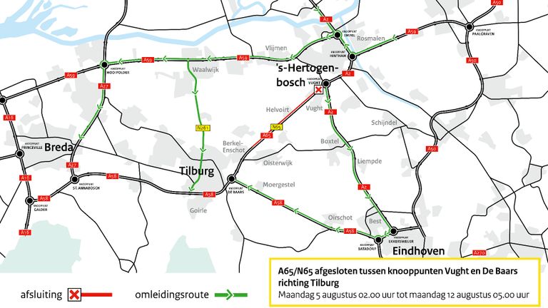 De omleidingsroutes voor het verkeer dat richting Tilburg wil (kaartje: Rijkswaterstaat).