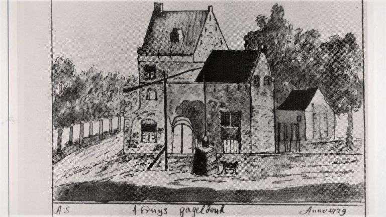 Een oude tekening van het poortgebouw, zonder aanbouw (foto: Stadsarchief Breda).