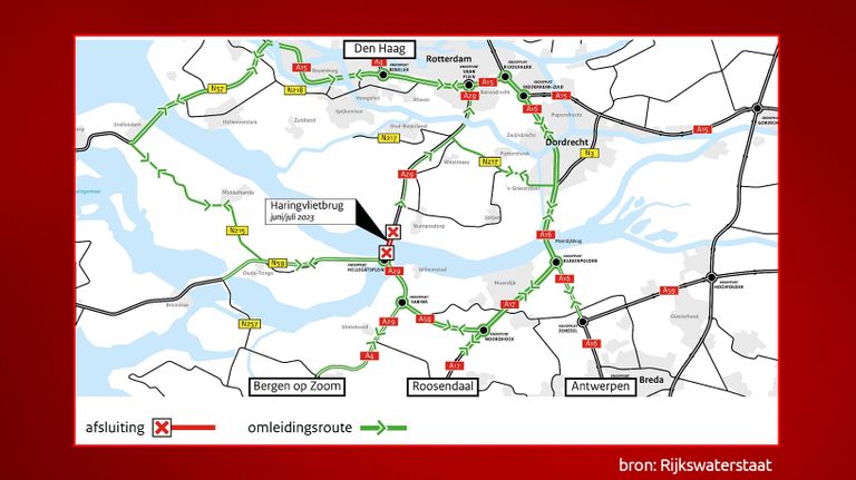 Omleidingsroutes vanwege de afsluiting van de Haringvlietbrug.