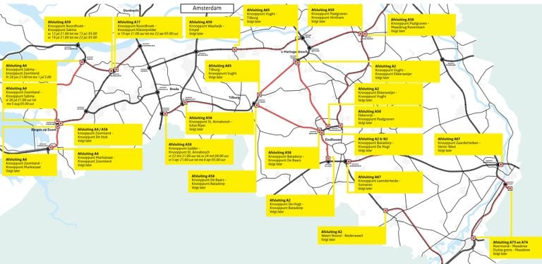 Een kaart met de geplande wegwerkzaamheden (bron: Rijkswaterstaat).