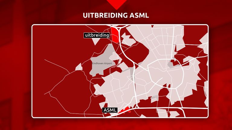 In het rood ingekleurde deel onderin ligt ASML en bovenin in het rood het gebied voor de beoogde uitbreiding van ASML (illustratie: Omroep Brabant).  