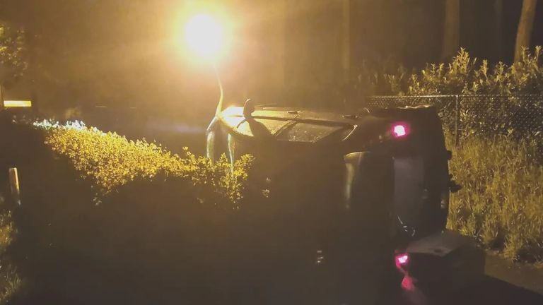 De auto lag op zijn kant achter een heg (foto: Instagram Politie Roosendaal).
