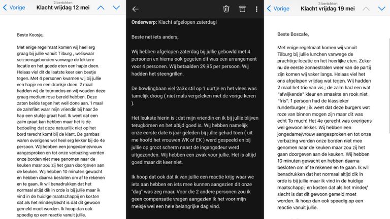 Een selectie van de berichten die 'serieklager' via Facebook en e-mail verstuurde