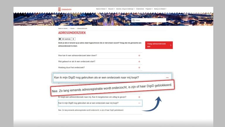 De tekst op de website van de gemeente Eindhoven.
