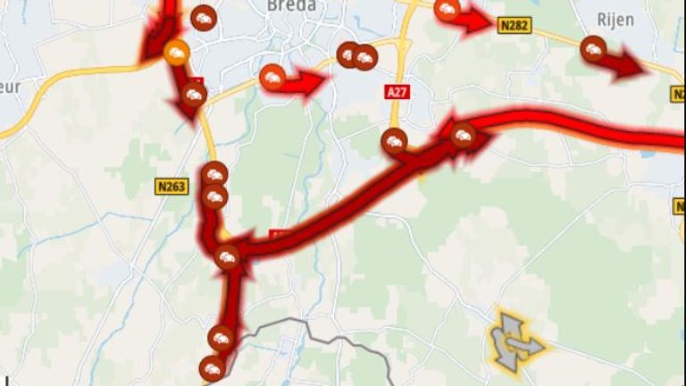 De verkeerssituatie tussen Breda en Tilburg (afbeelding: ANWB).