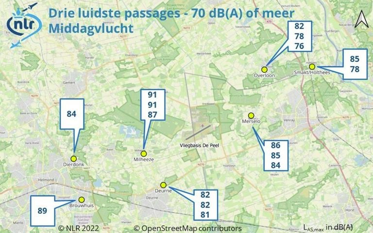 De hoogste pieken van geluid van de middagvlucht van de F-35 (kaart: NLR).