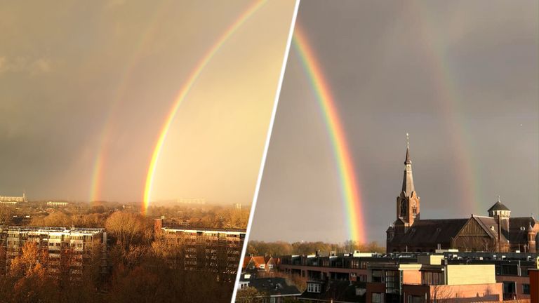 De dubbele regenboog boven Tilburg (foto's: Angela Matthijssen en Sandra Aarts).