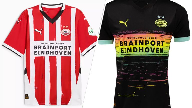 De shirts van PSV voor het seizoen 24-25 (foto's: PSV Medium en PSV media). 