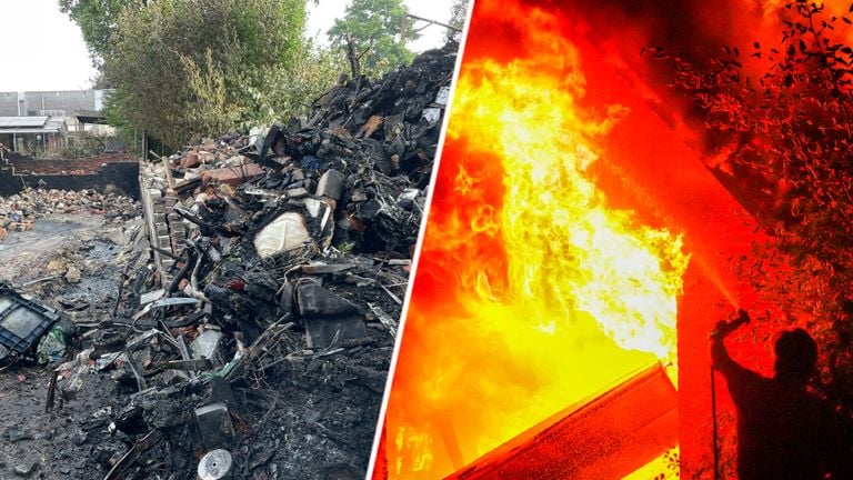 Links de resten na de brand, rechts de buurman die een verwoede poging doet om de brand te blussen (foto's: Persbureau Heitink (r) en René van Hoof (l)).