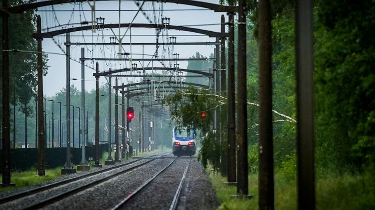 Een boom belandde deels op het spoor in Nuenen door de harde windvlagen (foto: Sem van Rijssel/SQ Vision).