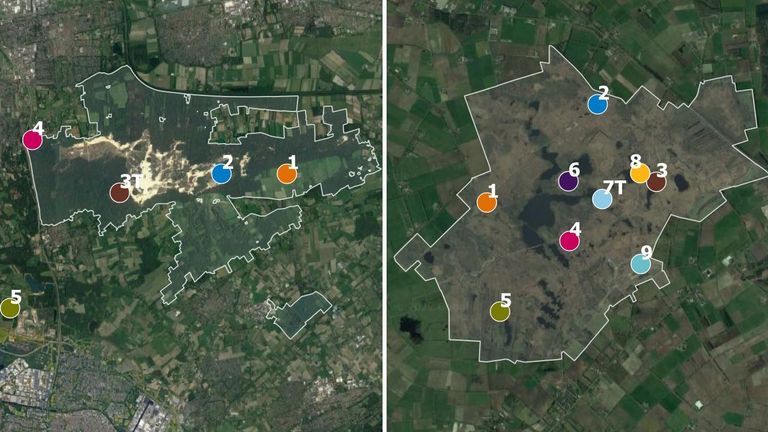 Ammoniak-meetpunten in de Loonse en Drunense Duinen (links) en De Groote Peel (rechts).