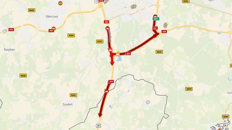 De files rondom Breda richting de grens (foto: TomTom). 