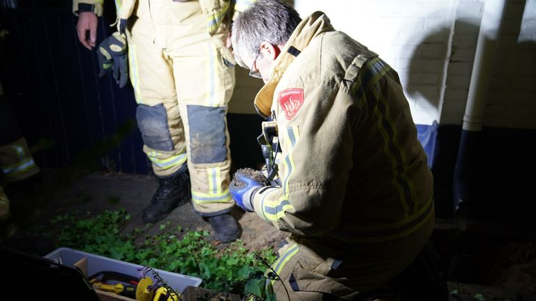 De brandweer redde het egeltje uit de regenpijp van een huis in Budel-Dorplein (foto: WdG/SQ Vision).