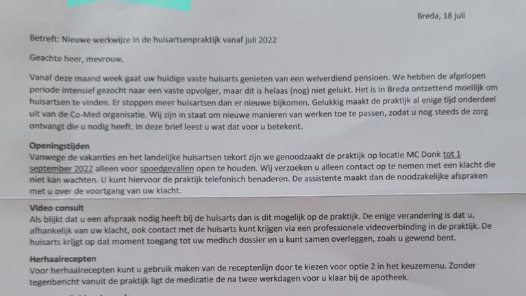 De brief die naar de patiënten is gestuurd. Daar staat in dat alleen spoedzorg geboden wordt, de directeur van Co-Med ontkent dat.