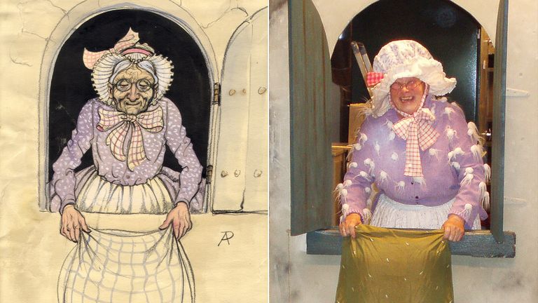 Links de schets van Anton Pieck, rechts Ella Jansen als model.