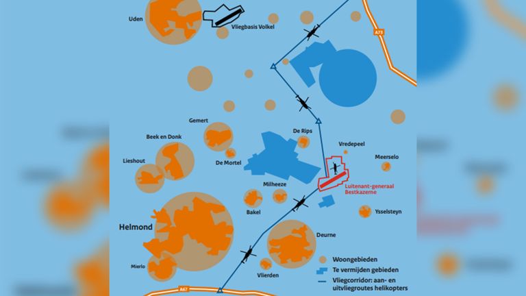 De vliegroute van de helikopters (illustratie: Defensie).