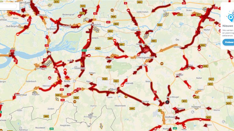 Brabant kleurt rood op de snelwegen met alle files (foto: TomTom MyDrive).