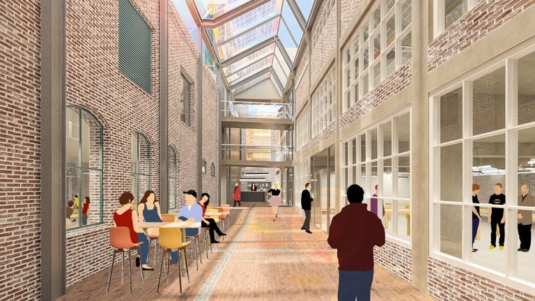 Plan voor overkapping tussen Textiellab (links) en Drögegebouw (beeld: Mecanoo).