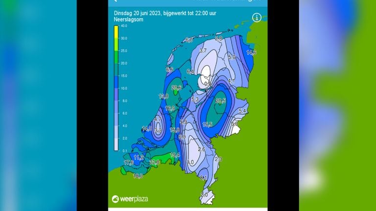 Gemeten neerslag tot 22.00 uur (foto: Weerplaza).