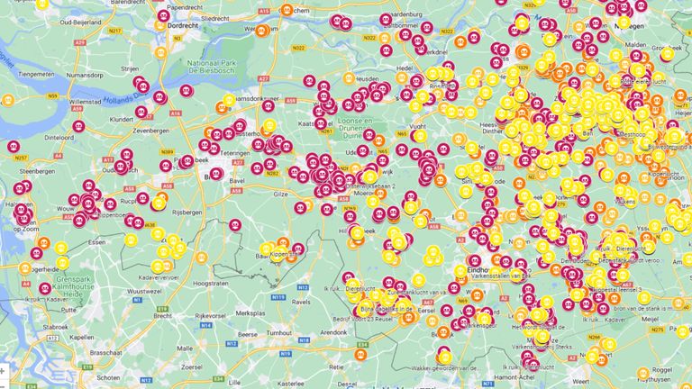 Hoe roder de kleur, hoe ondragelijker de stank volgens de legenda van stankopdekaart.nl (afbeelding: Google Maps).