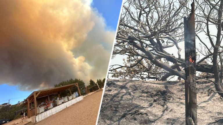 Links: de eerste rookwolken op het strand. Foto rechts: bossen die zijn afgebrand (foto's: Monique Hylkema).