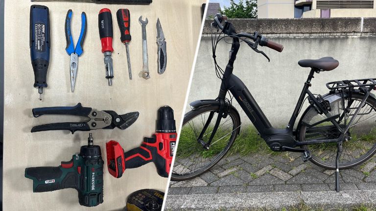 Het gereedschap uit de auto en één van de gestolen fietsen (foto: Politie Eindhoven/ Facebook).