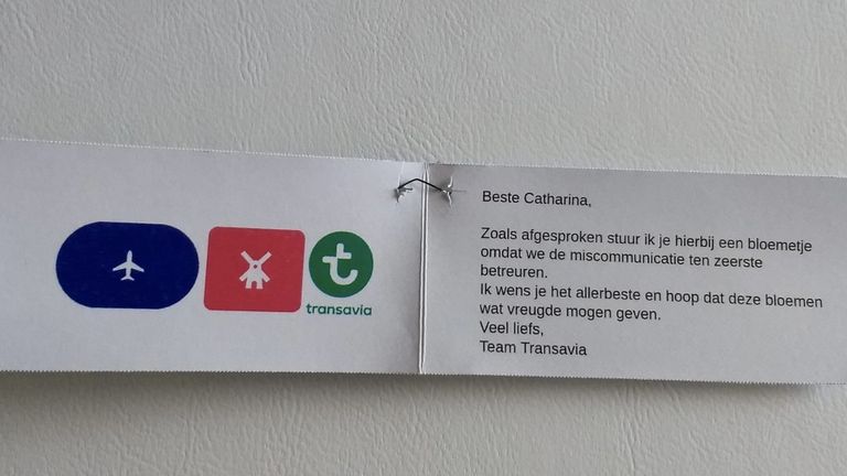 Het kaartje dat Kitty ontving van Transavia