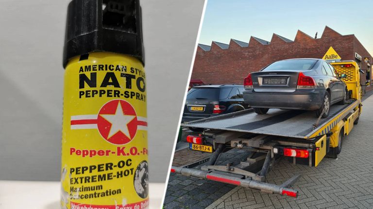 Pepperspray (links) en de Volvo (foto's: politie).