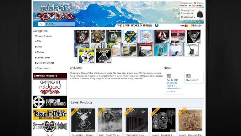 De homepagina van webwinkel Midgård, met banners van neonazi-organisaties