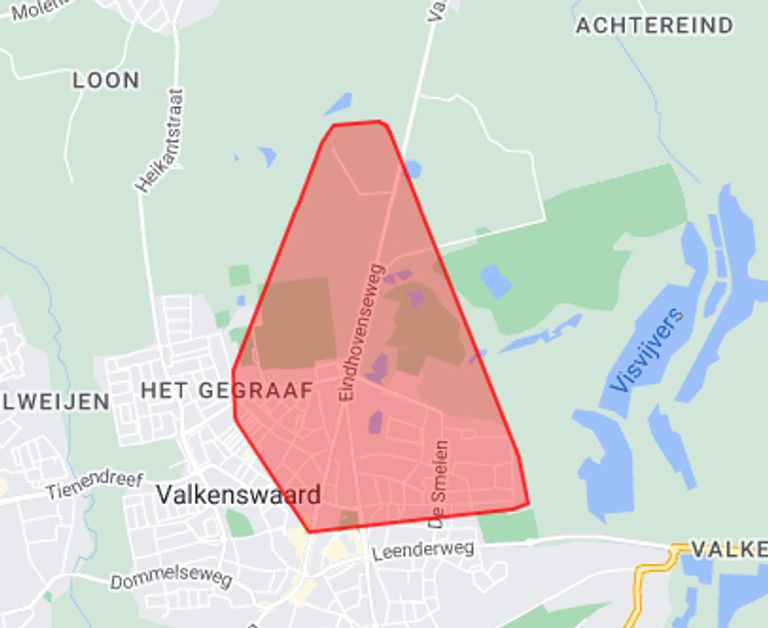Het gebied in Valkenswaard dat is geraakt (beeld: Enexis).